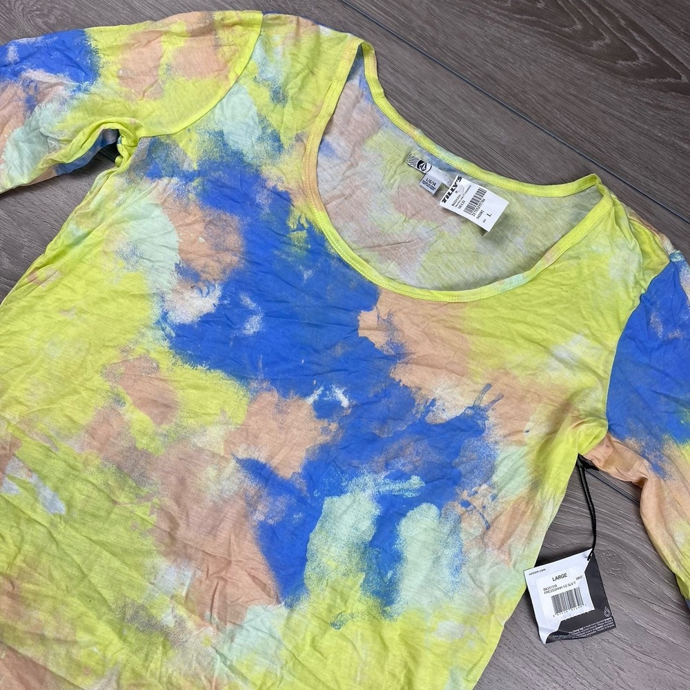 Volcom Women's 1/2 Sleeve T-Shirt Tie Dye Yellow Blue Large New